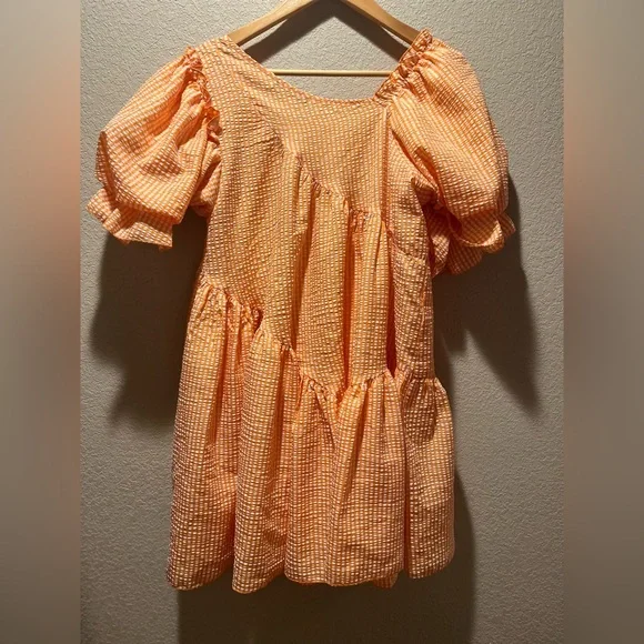 Orange & White Gingham Asymmetrical Neck Puff Sleeve Ruffle Hem Smock Dress - Picture 4 of 6